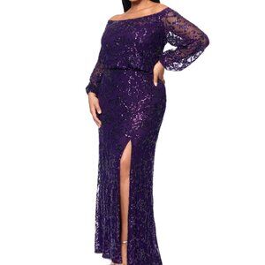 Xscape Plus Size Sequin Off-Shoulder Side-Slit Gown – Eggplant (NWT, Size 18W)